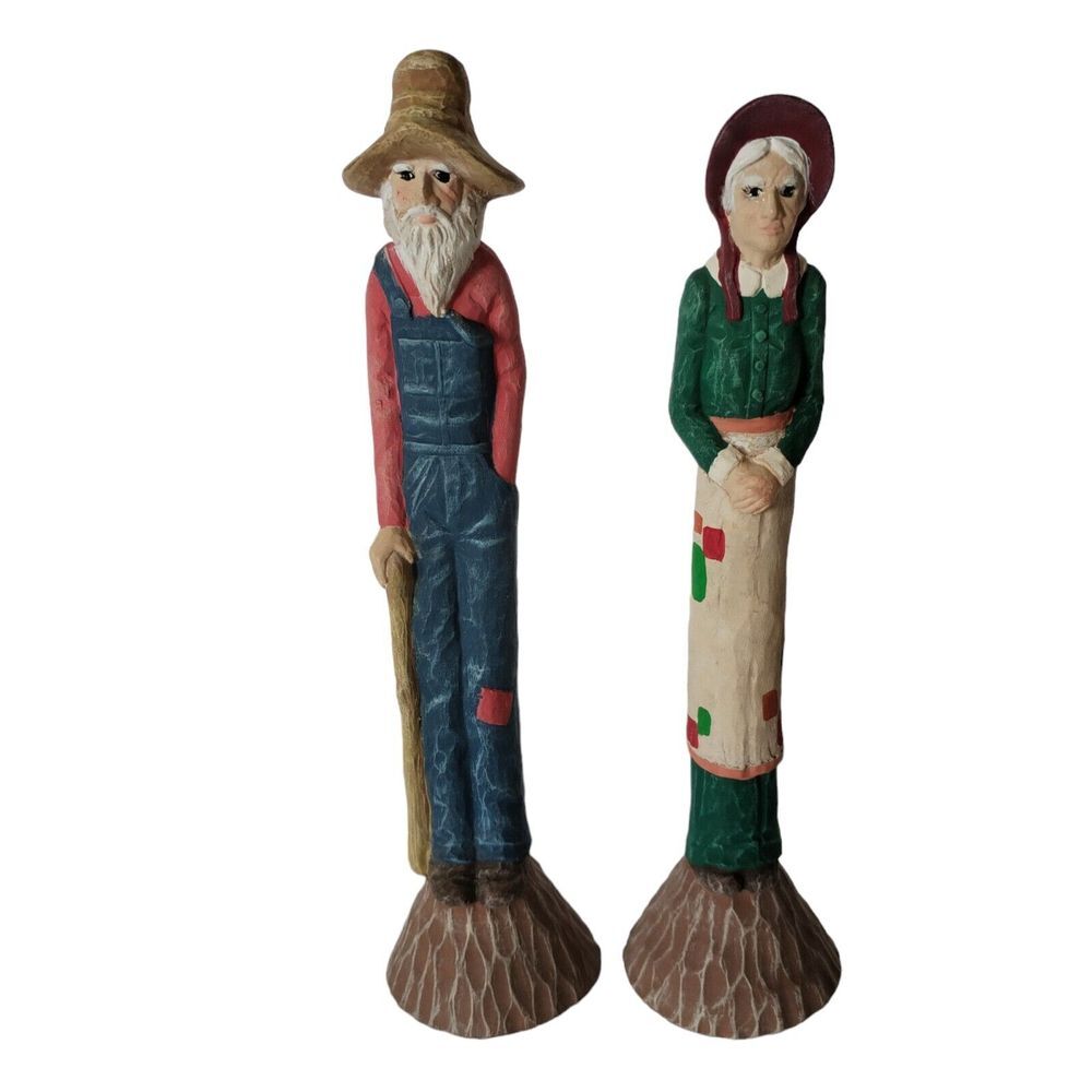 Scioto Skinny Pencil Folk Art Ceramic Man Woman Farmers Set Of‎ 2 Figurines 8.5"